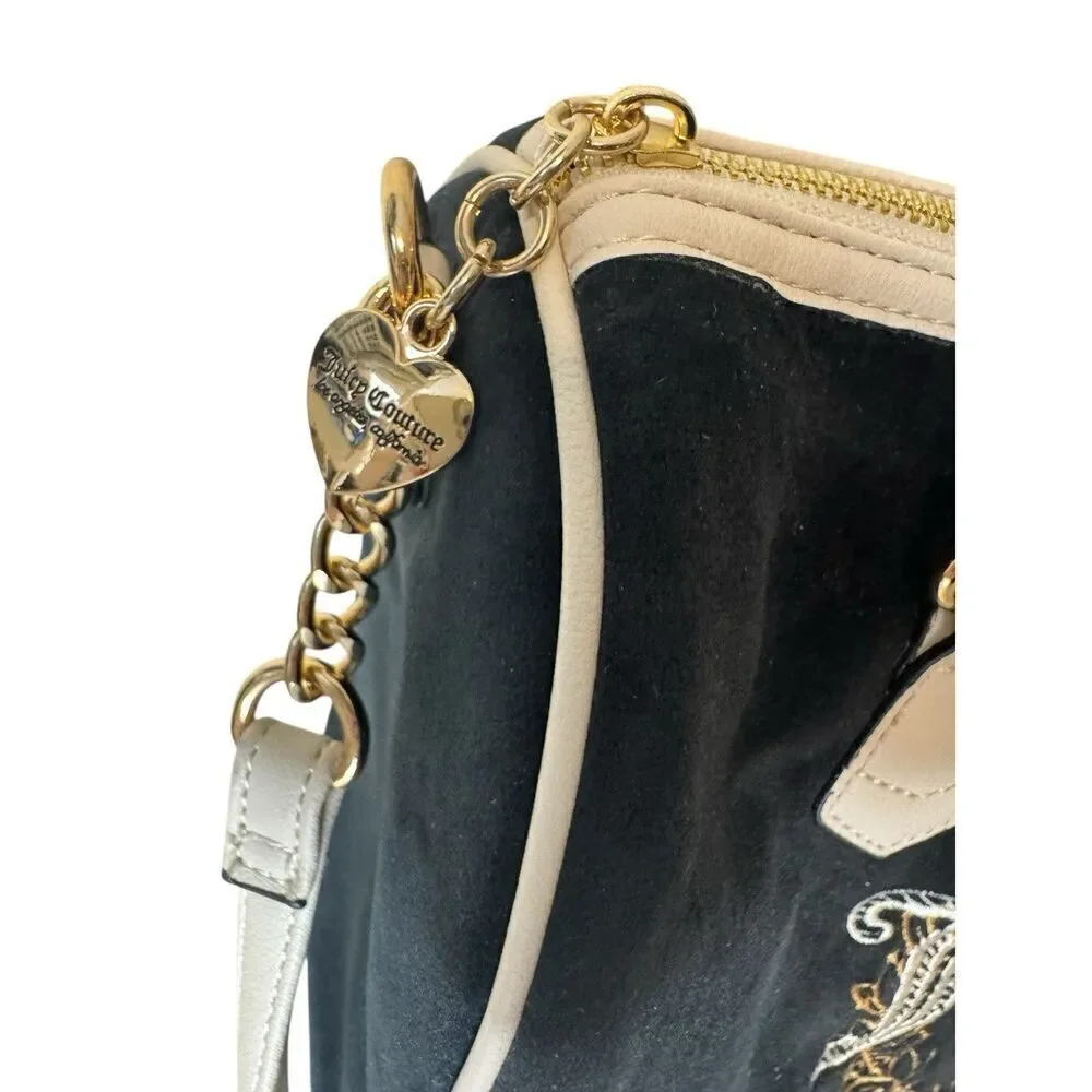 Juicy Couture Velour Heritage Satchel Purse Bag Black White Liquorice Angel Y2K
